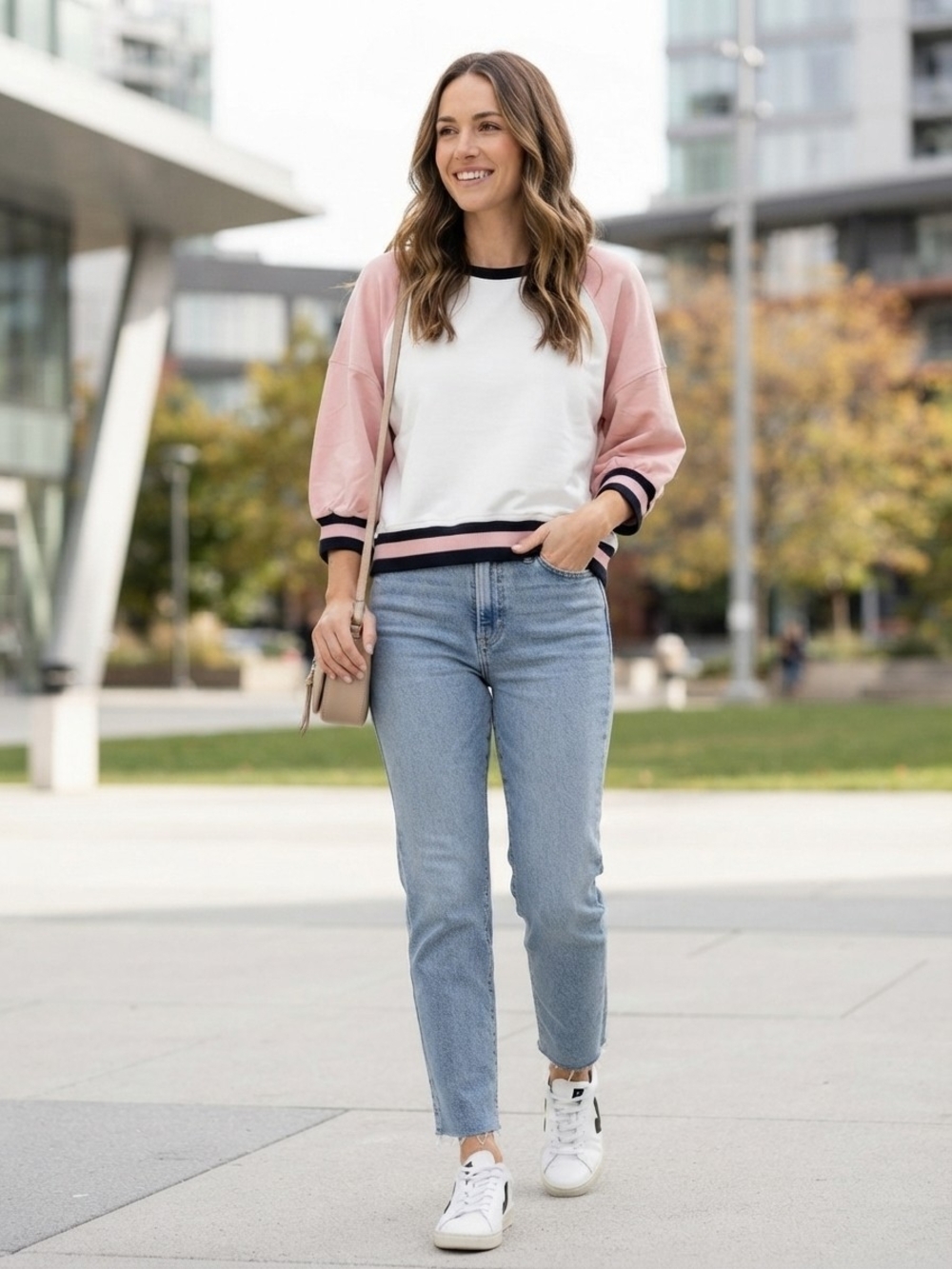 She + Sky Light Blue Straight Jeans with Pink-Accent Sweatshirt